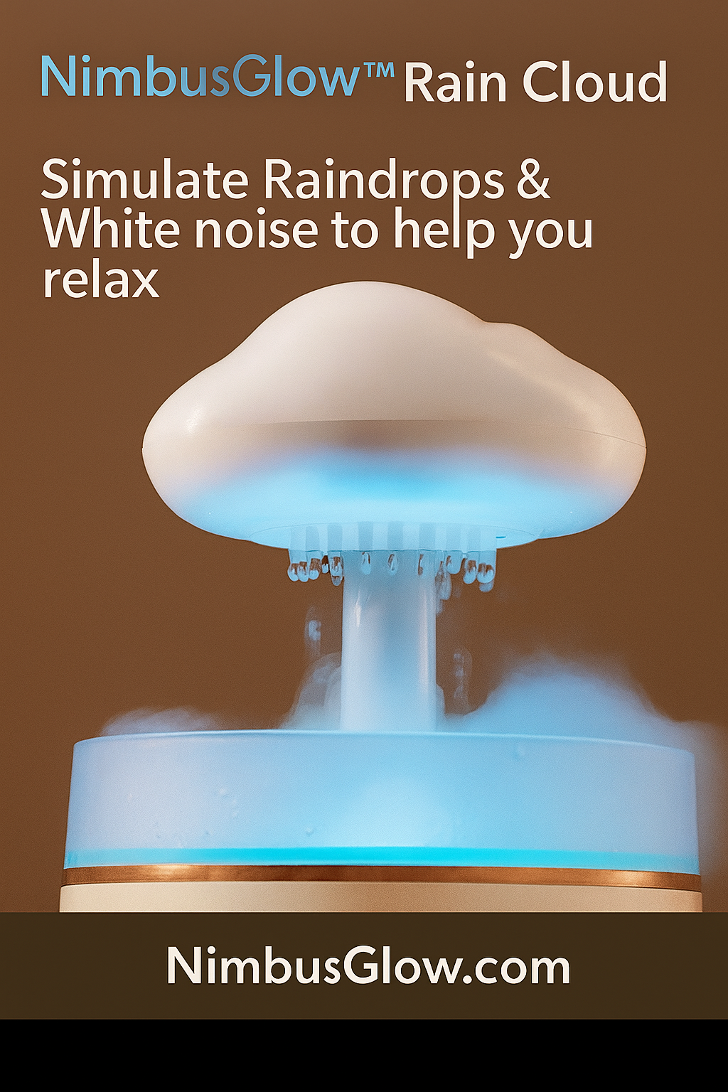 NimbusGlow Rain Cloud device simulating raindrops and white noise on a brown background.